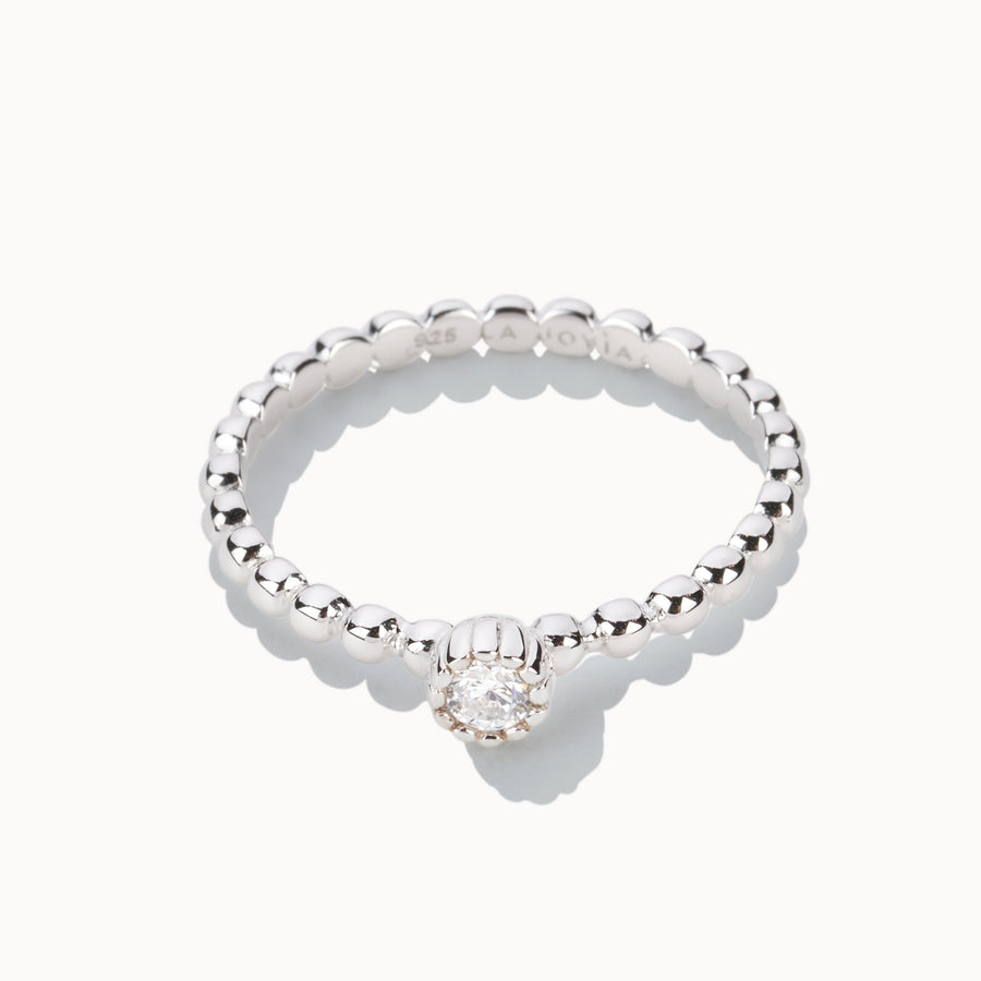 Beaded Solitare Ring - Platinum White